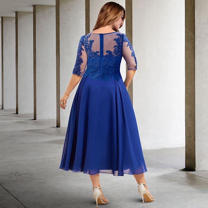 A-Line Plus Size Curve Mother of the Bride Dresses Elegant Dress Formal Wedding Guest Tea Length Half Sleeve Jewel Neck Chiffon with Pleats Sequin Appliques 2025 free custom size 2025 - $167.99 –P3