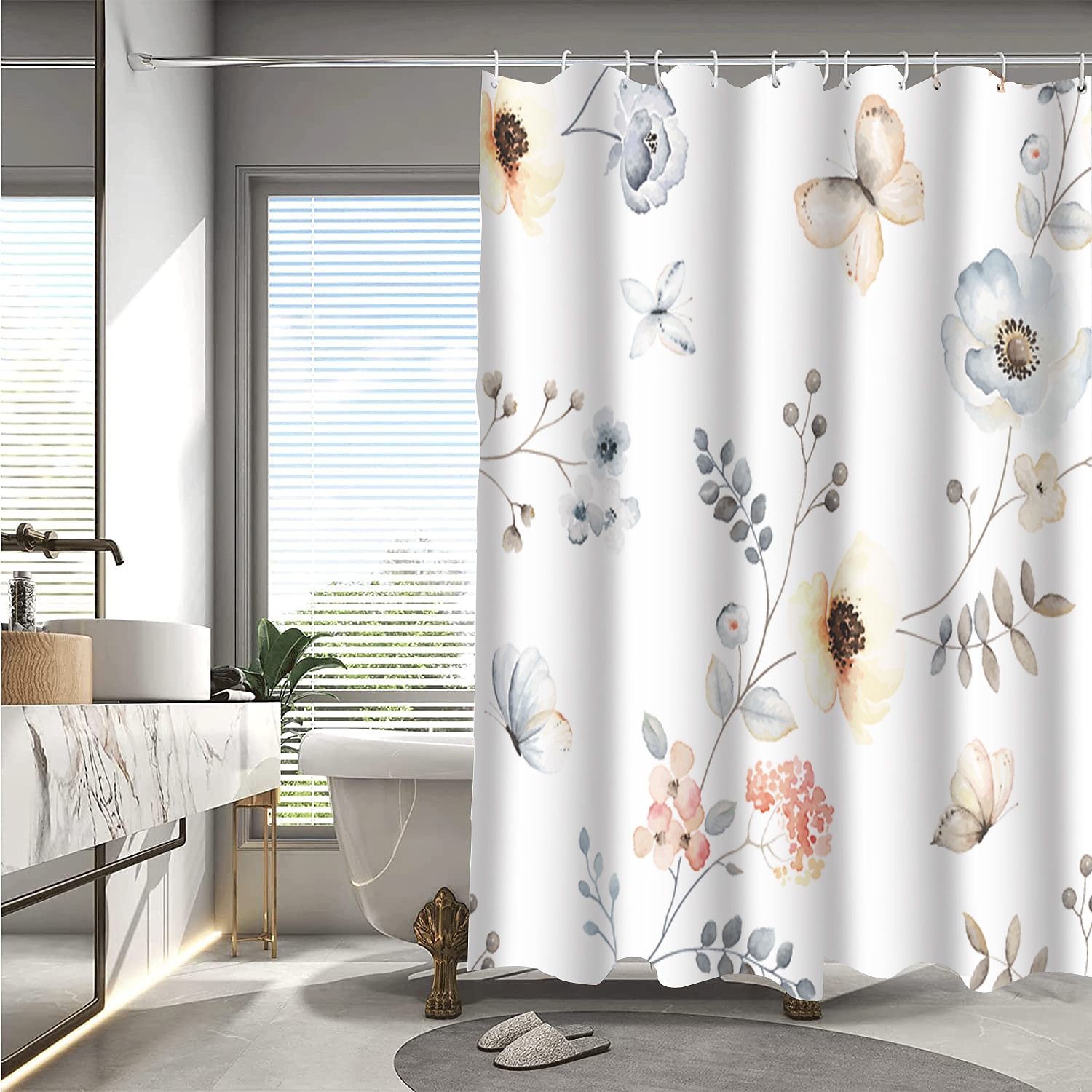 Κουρτίνα Ντους με Γάντζους 180cm*180cm(70"*70") Πολυεστέρας Πλενόμενη Αδιάβροχη Τοπίο με Λουλούδια 2025 - $27.99 –P7