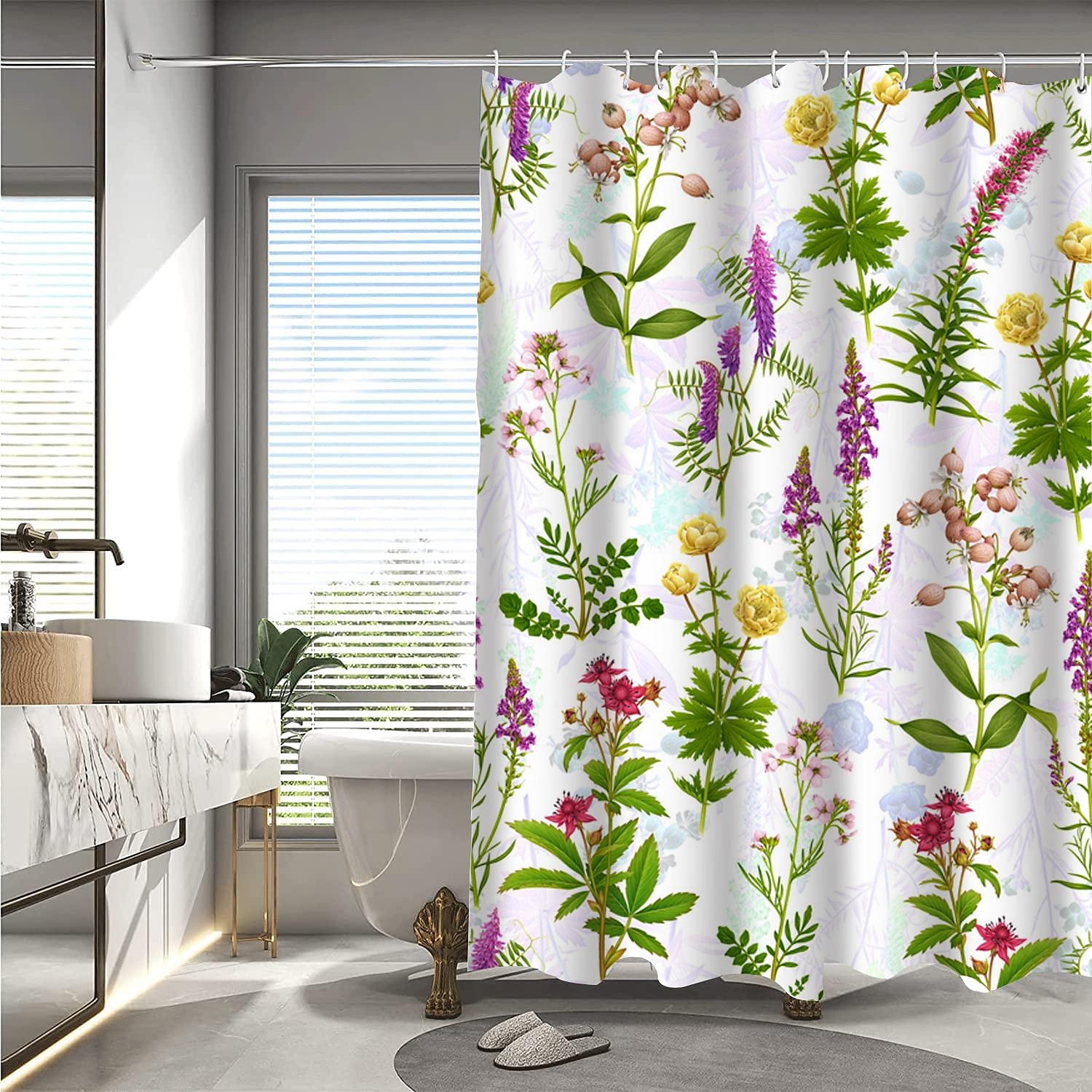 Κουρτίνα Ντους με Γάντζους 180cm*180cm(70"*70") Πολυεστέρας Πλενόμενη Αδιάβροχη Τοπίο με Λουλούδια 2025 - $27.99 –P4