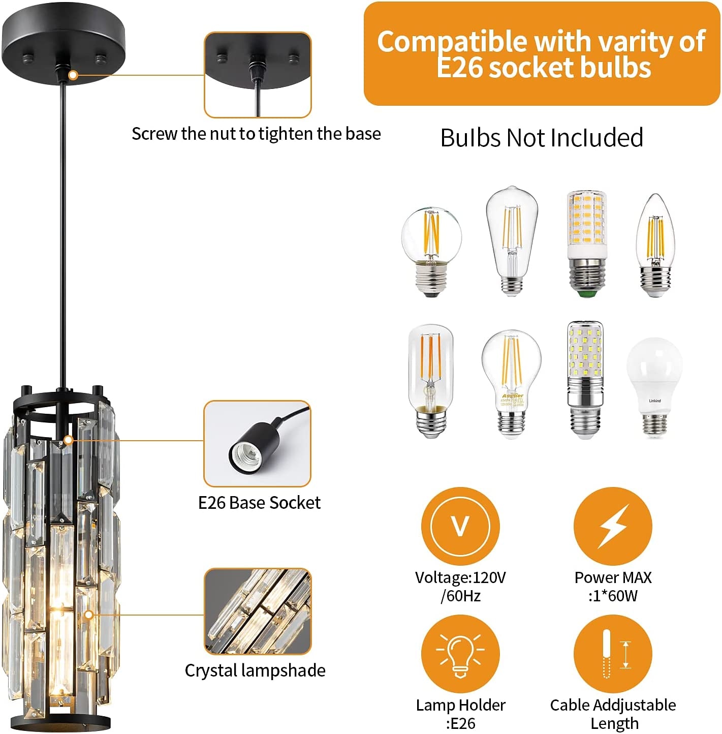 1 Light Pendant Light Black Modern Pendant Light, Mini Crystal Chandelier, Adjustable Pendant Light for Kitchen Island Dining Room Bedroom 2025 - $154.99 –P9