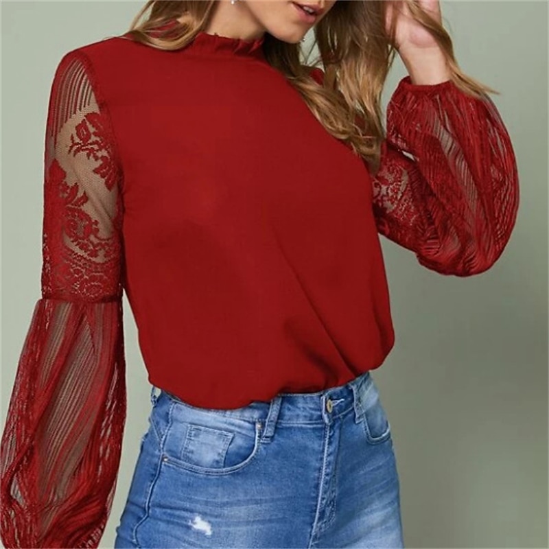 Dámské Boho košile Krajková košile Halenka Síťovaný patchworkový top Plná / Jednobarevná Klasické Krajkový Sladký Lucerna rukáv Párty Denní Jdeme ven Výšivka Černá Fialová Tmavomodrá Jaro & podzim 2025 - $21.99 –P7