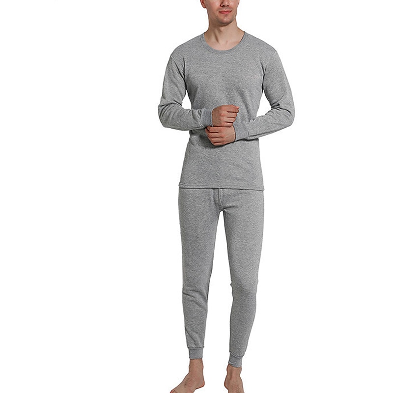 Men's Thermal Underwear Sleepwear Thermal Set Pure Color Basic Fashion Comfort Home Polyester Warm Crew Neck Long Sleeve Pant Elastic Waist Winter Fall Black Light gray 2026 - AU $25.39 –P7