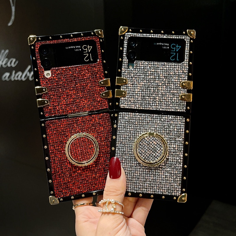 טלפון מגן עבור סמסונג גלקסי Z Flip 5 Z Flip 4 Z Flip 3 כיסוי עם מכסה נפתח-נסגר בלינג מחזיק טבעת זוהר ונוצץ יהלום קריסטל PC 2025 - $15.99 –P4