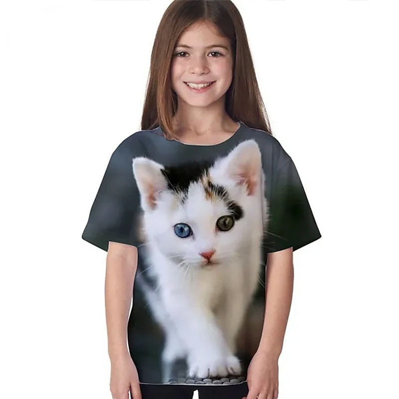 Bambino Da ragazza maglietta Animali Informale Manica corta Girocollo stile sveglio 7-13 anni Estate Nero Bianco Blu marino del 2025 a $11.99 –P2