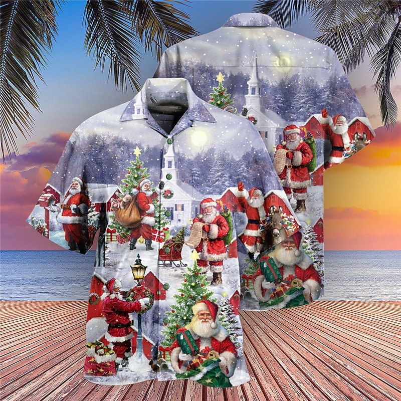 Weihnachtshemden Herrenhemd Weihnachtsmann Grafikdrucke Turndown blau grau 3D-Druck Weihnachten Straße Kurzarm Button-Down-Druck Kleidung Bekleidung Modedesigner lässig 2025 - $24.99 –P3