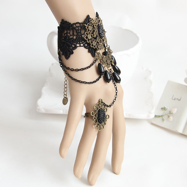 Ensemble Accessoires Gothique Steampunk Femme - Collier Et Bracelets En Dentelle Noire, Pour Halloween, Cosplay, Soirées à Thème