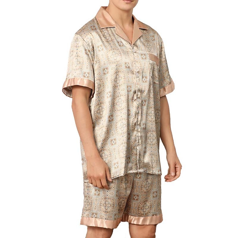 Miesten Uniasut Yöpukusarja Silkkipyjama Pyjama toppi ja shortsit 1set Pilkku Yksinkertainen Mukavuus Koti Päivittäin Tekosilkki Hengittävä Kauluskäänne Lyhythihainen Shortsit Tasku Syksy Kevät Viini 2025 - $34.99 –P12