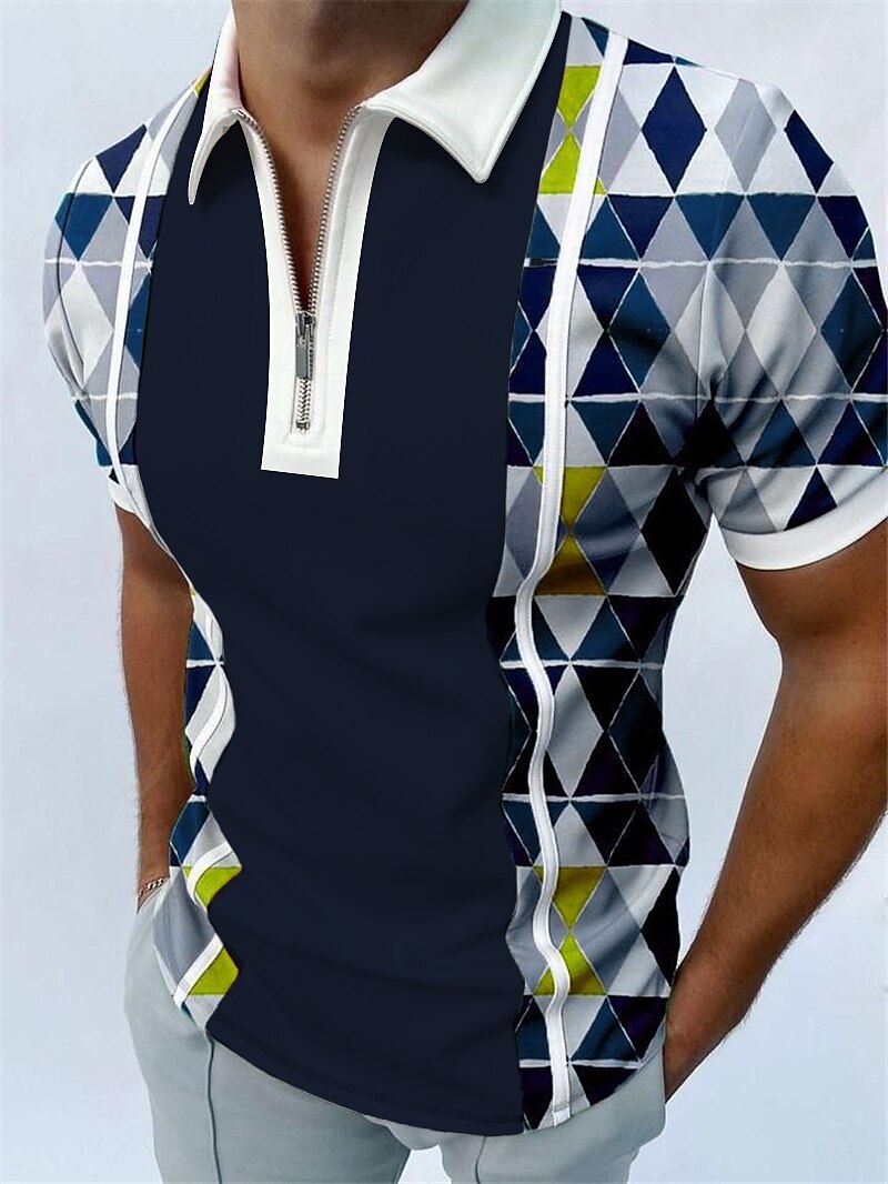 Men's Geometric Zip Polo Shirts Golf Shirt Short Sleeve Polo Shirts Collared Shirts Casual Vacation Wear Formal Wear Festival Wear 3D Print Quarter Zip Polo Black White Red 2025 - $22.99 –P5