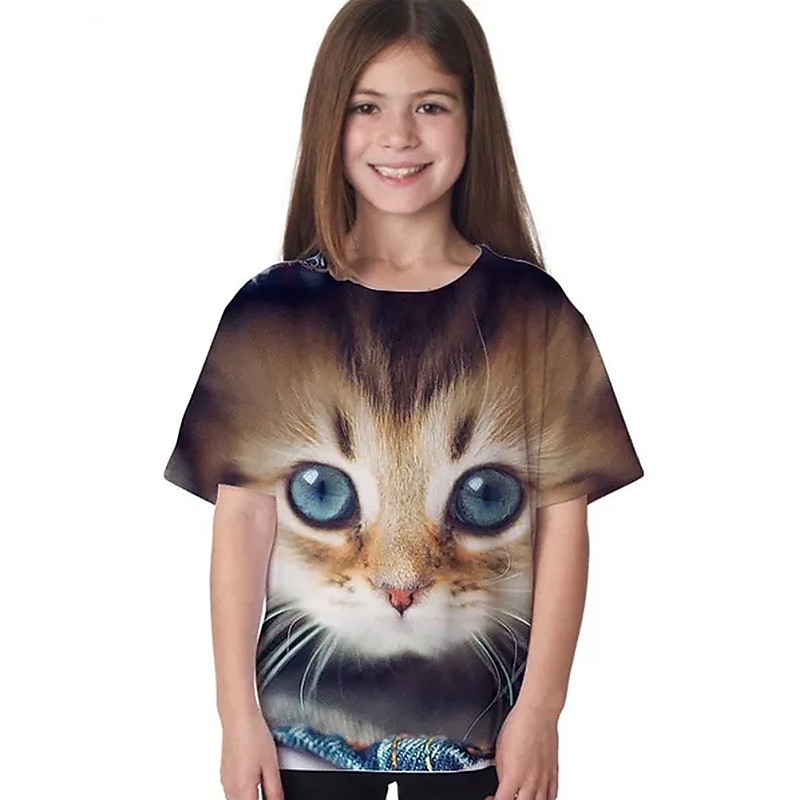 Bambino Da ragazza maglietta Animali Informale Manica corta Girocollo stile sveglio 7-13 anni Estate Nero Bianco Blu marino del 2025 a $11.99 –P7