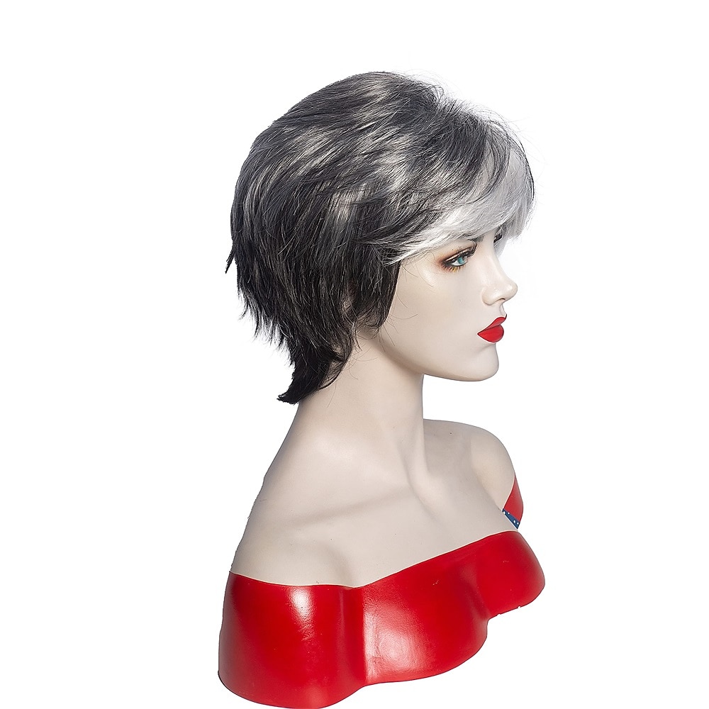 parrucche corte grigie pixie cut per donna capelli sintetici a strati parrucca grigia mista con frangia bianca parrucche ondulate naturali per vecchia signora del 2025 a $24.99 –P4