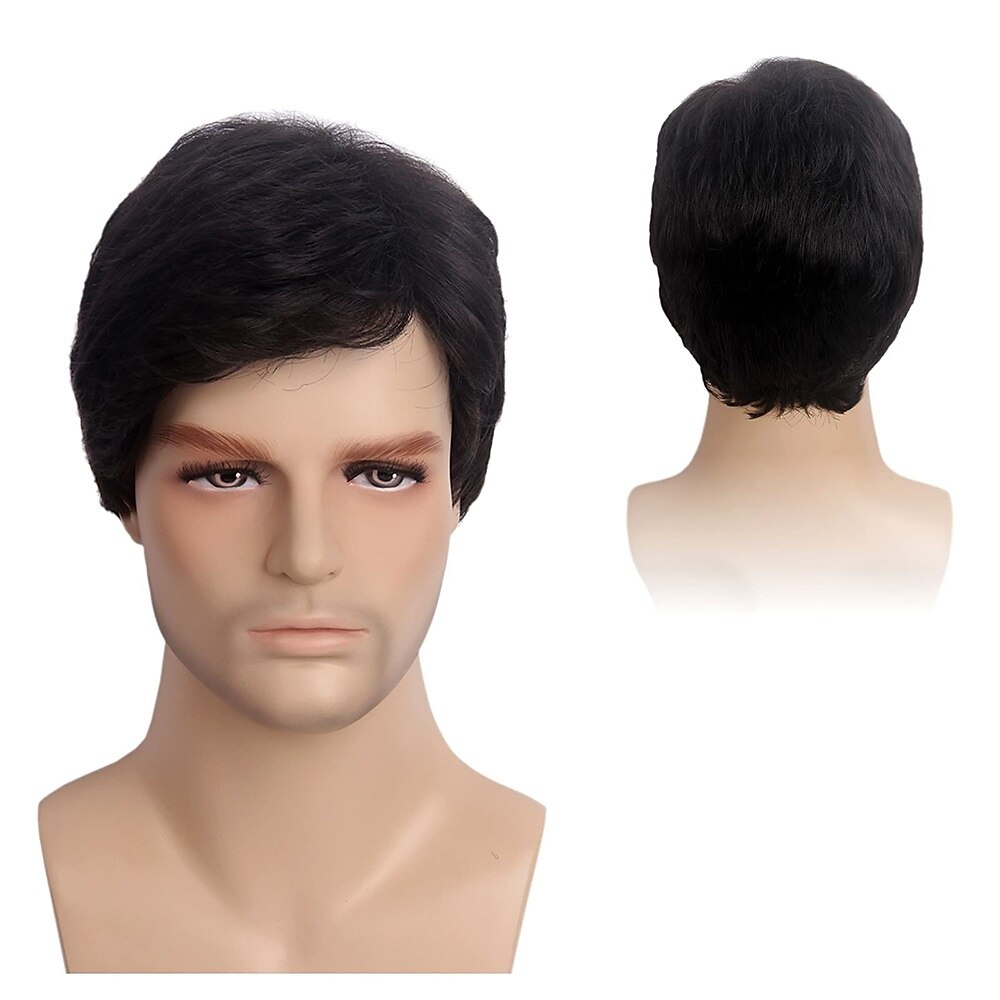Peruca masculina curta, peruca preta com franja lateral, peruca em camadas com tampa, peruca de cabelo sintético redartant, peruca de cabelo natural para homens, fantasia de festa diária, roupa de de 2025 por $19.99 –P2