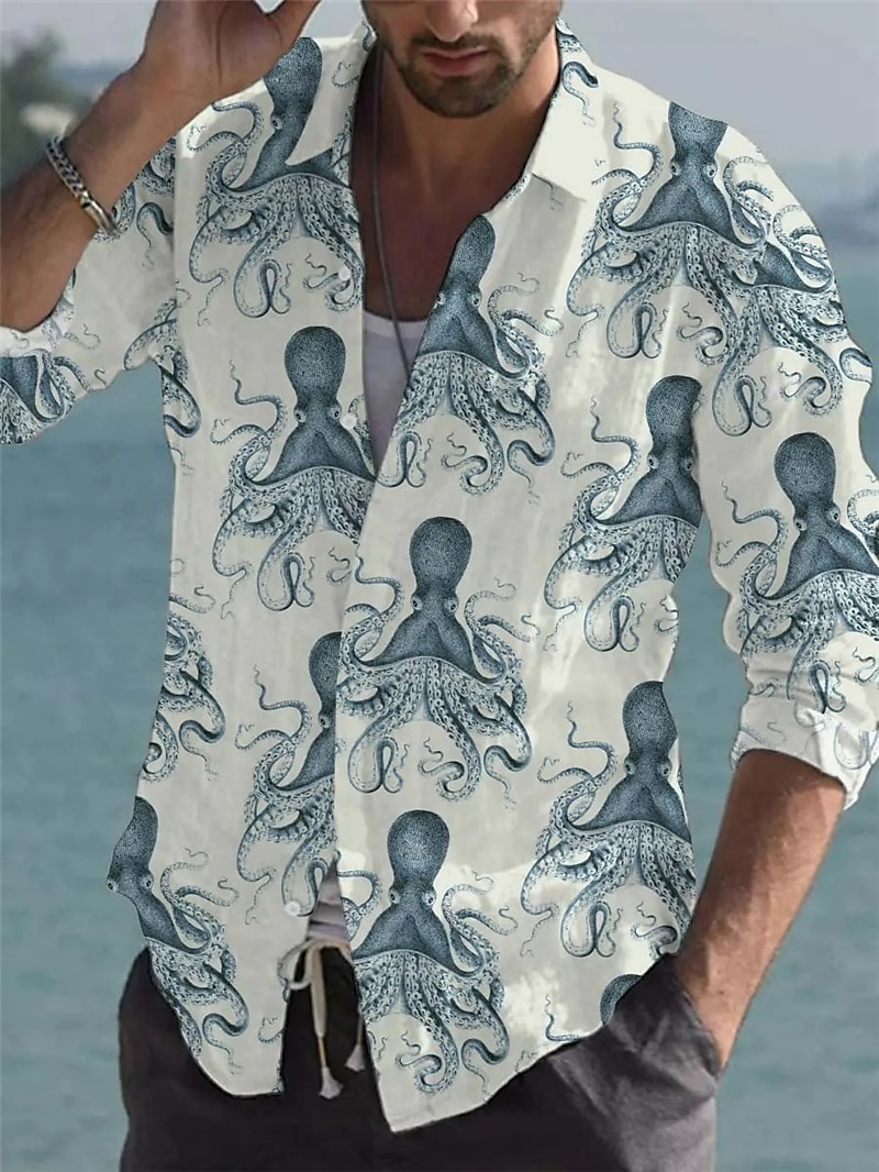 Men's Animal Tropical Octopus Shirt Summer Hawaiian Shirt Aloha Shirt Long Sleeve Shirt Turndown Fashion Designer Casual Outdoor Street Casual Blue 3D Print S M L 2025 - $28.99 –P1