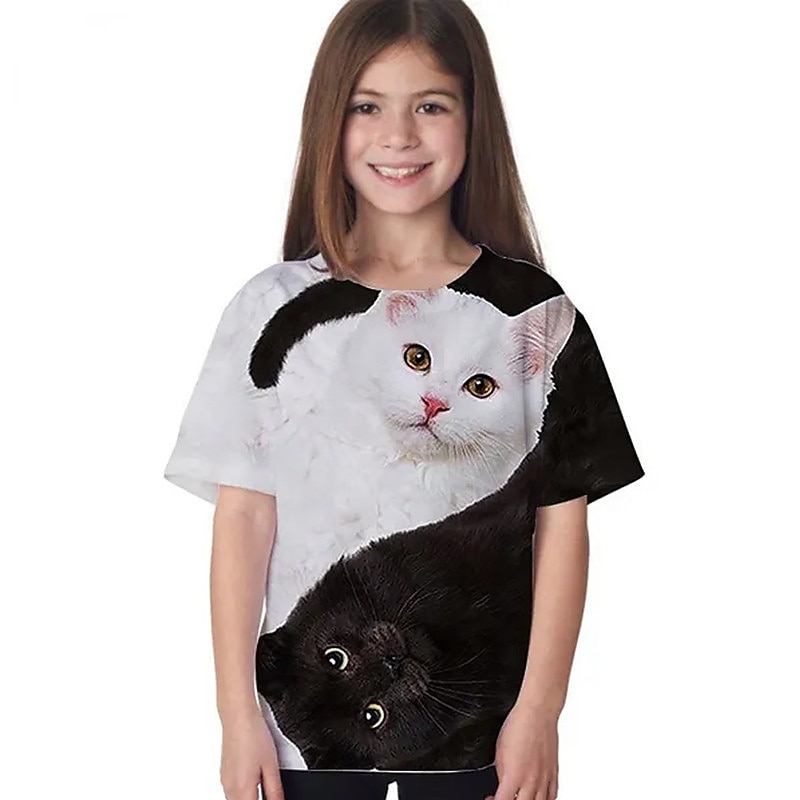 Bambino Da ragazza maglietta Animali Informale Manica corta Girocollo stile sveglio 7-13 anni Estate Nero Bianco Blu marino del 2025 a $11.99 –P6
