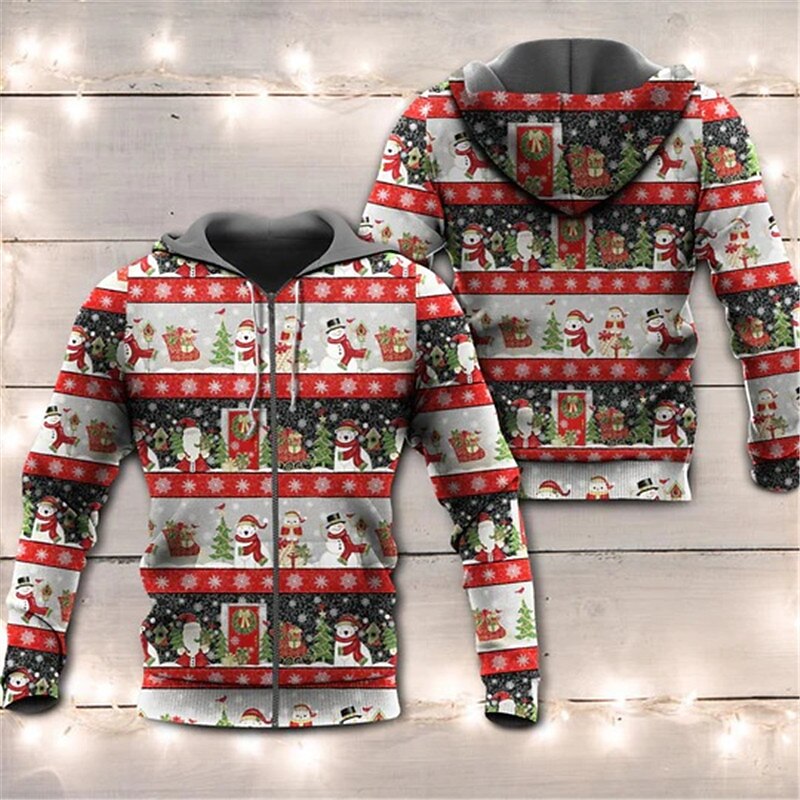 Sweat à capuche 3D Père Noël pour homme, veste entièrement zippée, noir, jaune, rouge, violet, imprimé graphique Père Noël, fermeture éclair moche, imprimé sport&amp;extérieur quotidien de 2025 ? $28.99 –P6
