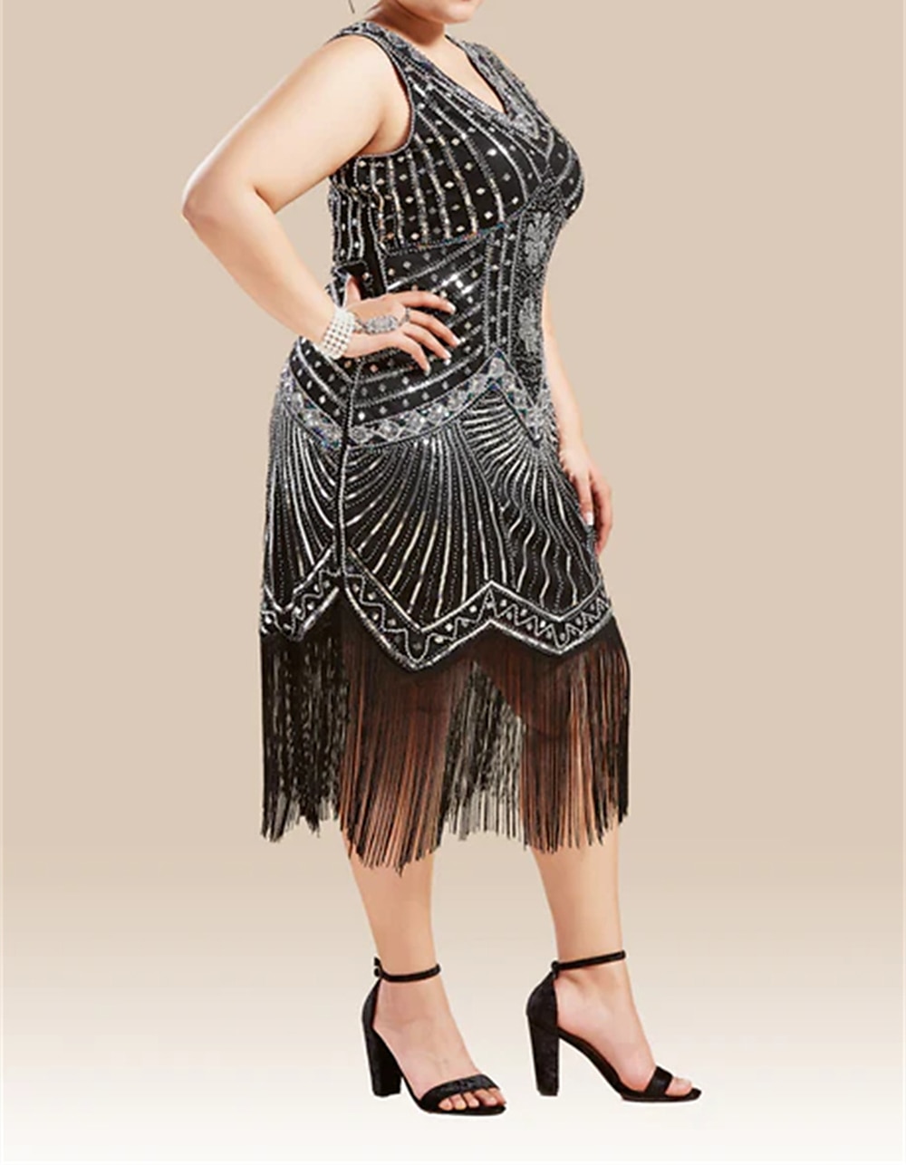 Anni Ruggenti Anni 1920 Midi Vestito Abito Flapper Abito da Ballo Taglie Forti Normale Senza maniche Il grande Gatsby Charleston Invitato al matrimonio Paillettes Scollo a V Costume Per donna del 2026 a $44.99 –P2