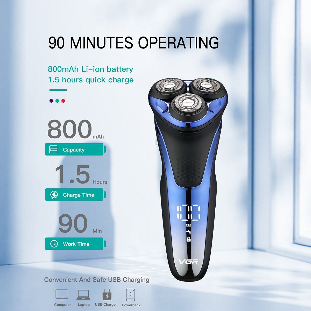VGR Electric Razor for Men USB Rechargeable 3D Rotary Men's Shaver Pop-up Beard Trimmer Grooming Kit IPX7-Waterproof Corded & Cordless Wet Dry Beard Shavers LED Display 2025 - $47.99 –P2
