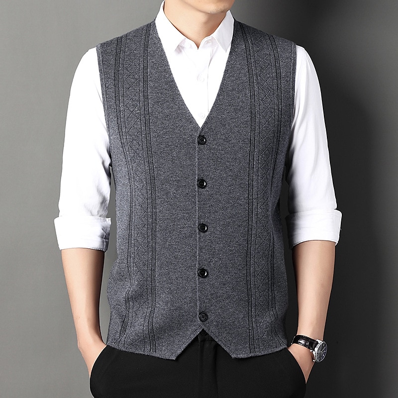 Men's Sweater Vest V Neck Button Cardigan Sleeveless Basic Knitted Work  Casual