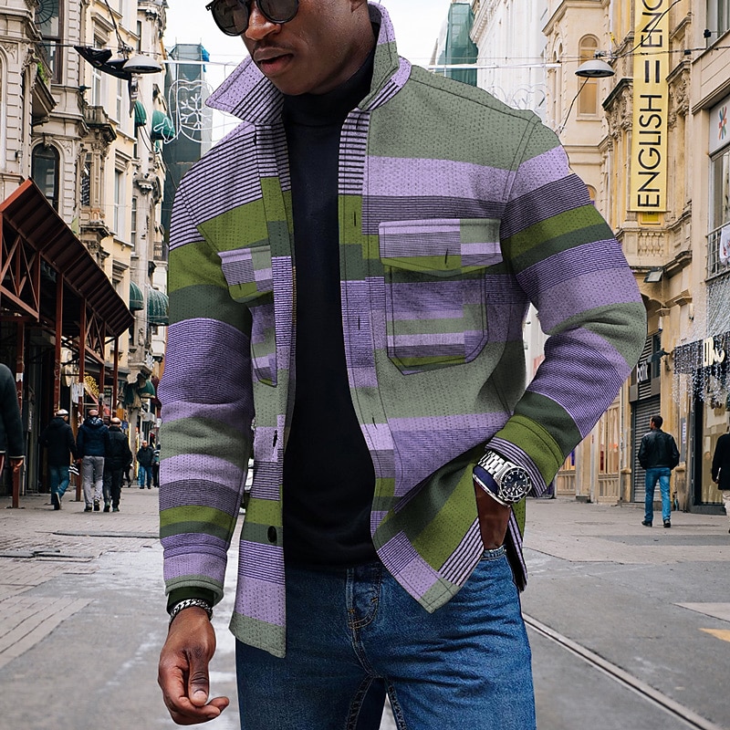 Homme Rayé Formes Géométriques Chemise à col Chemise polaire Veste chemise manche longue Vêtement de rue Sportif Décontractées Extérieur du quotidien Sortie Eté Printemps Col rabattu Poche Imprimer de 2026 ? $35.99 –P6