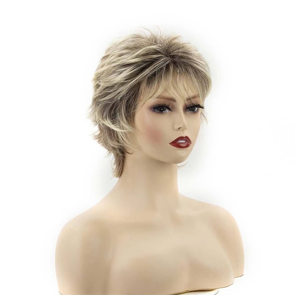 parrucche corte bionde pixie cut per donne bianche parrucche sintetiche bionde ombre marrone scuro parrucca dall'aspetto naturale del 2025 a $23.99 –P4