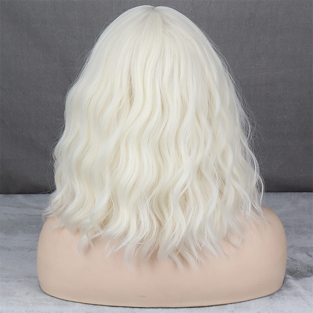 kurze platinblonde Damenperücken weißblonde gewellte Perücke mit Pony mittellange platinblonde gewellte Synthetikperücke für den täglichen Gebrauch 2025 - $28.99 –P3