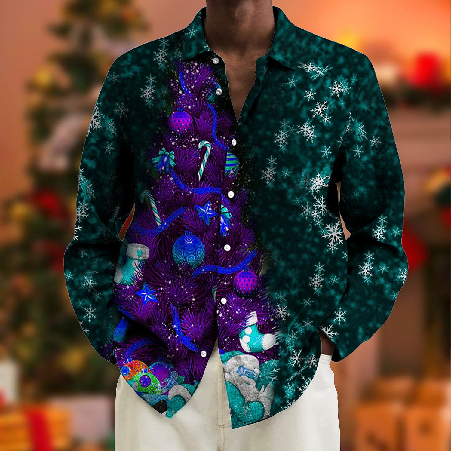 Herr Skjorta Träd Grafiska tryck Nedvikt Svart / Grön Gul Vin Purpur 3D-tryck Jul Gata Långärmad Mönster Button-Down Kläder Mode Designer Ledigt Mjukt 2025 - $26.99 –P4