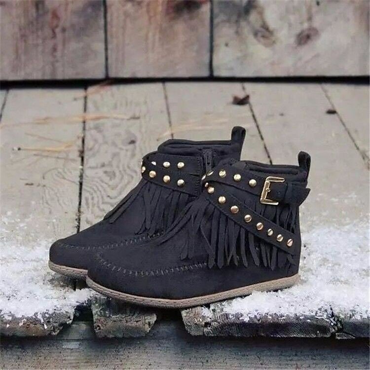 Botine de damă maro din piele întoarsă artificială cu franjuri - stil boho, cu cureaua cu împodobire și fermoar lateral pentru moda casual de toamnă 2025 - $34.99 –P2