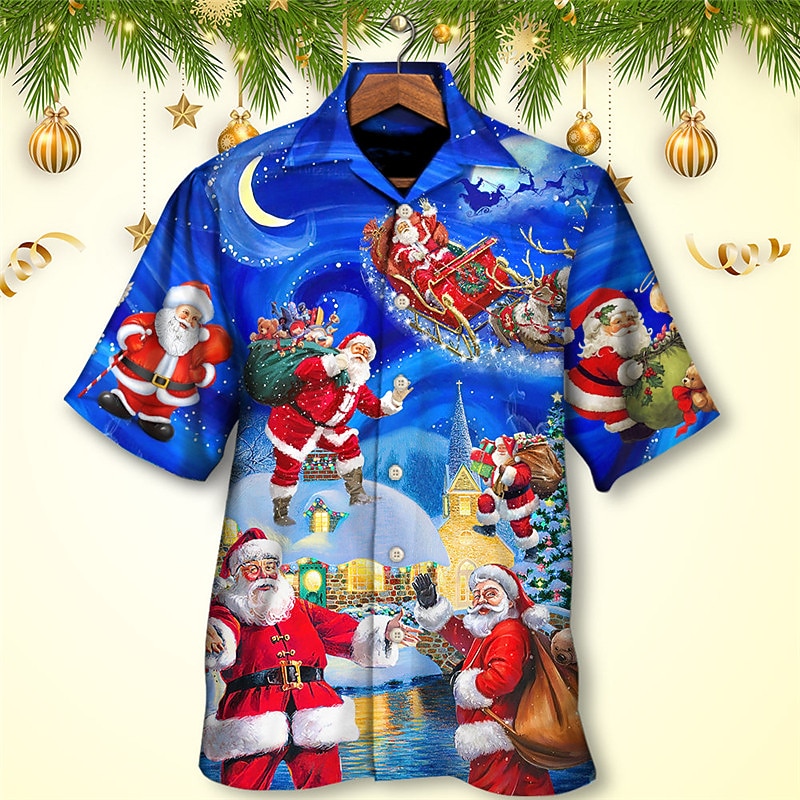 Weihnachtshemden Herrenhemd Weihnachtsmann Grafikdrucke Turndown blau grau 3D-Druck Weihnachten Straße Kurzarm Button-Down-Druck Kleidung Bekleidung Modedesigner lässig 2025 - $24.99 –P1