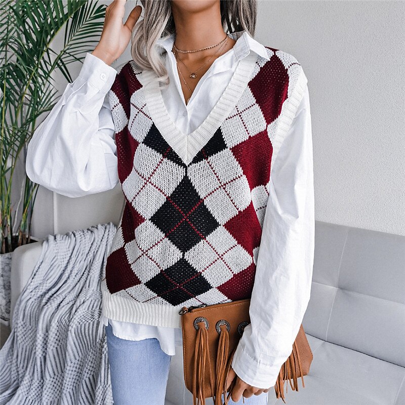 Women's Sweater Vest Pullover Sweater Jumper V Neck Ribbed Knit Acrylic Knitted Fall Winter Outdoor Daily Holiday Stylish Casual Soft Sleeveless Argyle Pink Red S M L 2023 - US $22.99 –P10