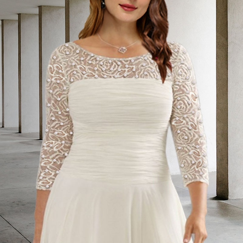 Strand Bruiloft A-Lijn Plus Size Curve Moeder van de Bruid Jurken Elegante Jurk Formele Bruiloft Gast Theelengte 3/4 Lengte Mouw Juwel Hals Chiffon met Geraffineerd Pailletten Sequin gratis op maat 2025 - $167.99 –P1