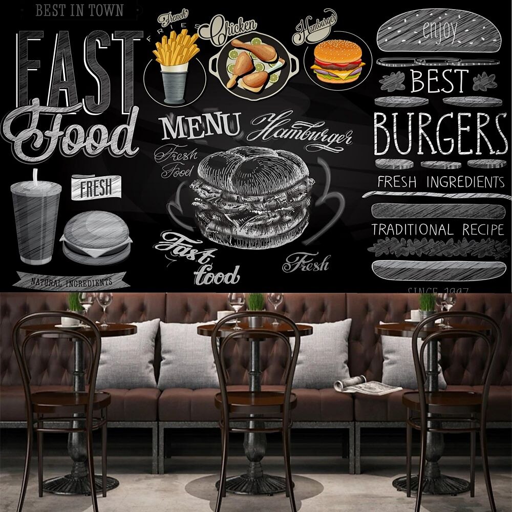 fototapeta samolepka na zeď vlastní samolepící jídelní ilustrace burger smažené kuře pvc / vinyl vhodný do obývacího pokoje ložnice restaurace hotel dekorace na zeď umění domácí dekorace 2025 - $43.99 –P4
