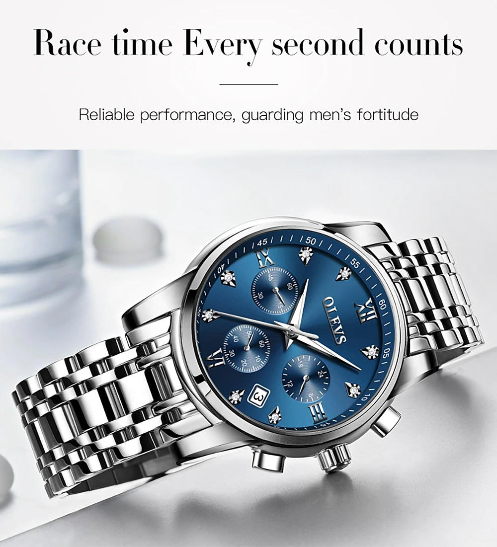 OLEVS Mens Watches Chronograph Luxury Dress Moon Phase Quartz Stainless  Steel Waterproof Luminous Business Calendar Wrist Watch Black Dial