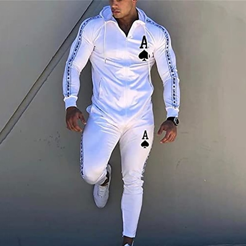 Herre Grafisk Poker 2stk 3D-genseresett Hattetrøje Langermet Lange bukser Med hette Gatemote Designer Grunnleggende Sport & Utendørs Avslappet Sport Glidelås Trykt mønster Hvit 2025 - $42.99 -P1