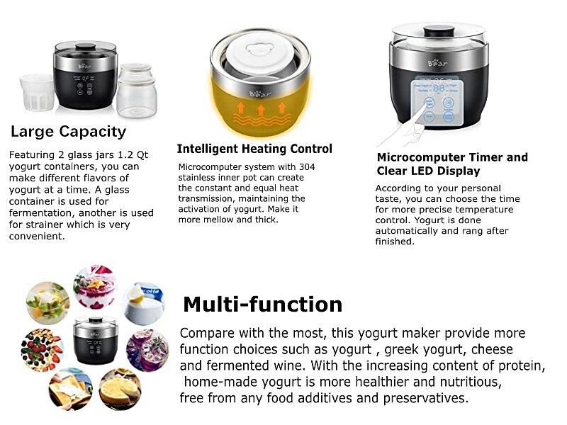 Bear Yogurt Maker, Greek Yogurt Maker Machine with Strainer and Timer  Control, Stainless Steel Inner Pot, Automatic Digital with 2 Glass Jars 1  Quart