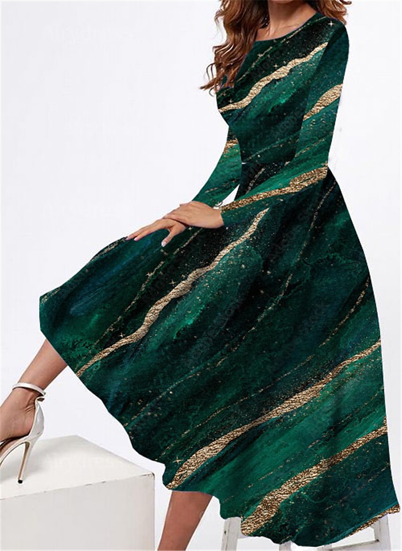 Dames Midi Jurk Casual Jurk Winter Jurk Swing Jurk Mode Bescheiden Formeel Buiten Feest Regulere Pasvorm Kleur Gradiënt Marmer Lange Mouw Crew Neck Groene Lente Herfst Winter 2025 - $36.99 –P2