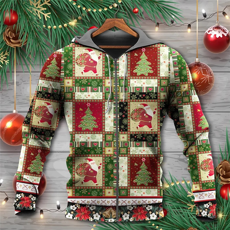 natal masculino cena de natal 3d moletons gráfico jaqueta com zíper completo vermelho verde com capuz papai noel estampas algodão feio de 2025 por $30.99 –P1