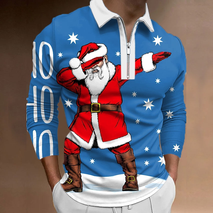 kerst heren kerstman 3d rits polo golf kerstman turndown wijn wit+rood rood+legergroen+wit zwart wit 3d print straat casual lange mouw rits print kleding kleding modeontwerper 2025 - $20.99 –P8