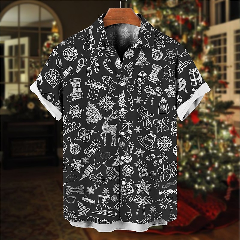 Herr Skjorta Grafiska tryck Graffiti Nedvikt Svart Vit 3D-tryck Jul Gata Kort ärm Button-Down Mönster Kläder Mode Designer Lättvikt Ledigt 2025 - $24.99 –P2