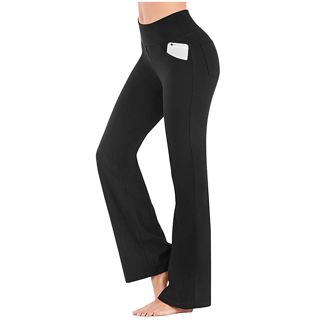 Women's Yoga Pants Side Pockets Wide Leg High Waist Yoga Fitness Gym Workout Bottoms Dark Grey Navy Black Spandex Sports Activewear High Elasticity 2023 - AED 83.99 –P1