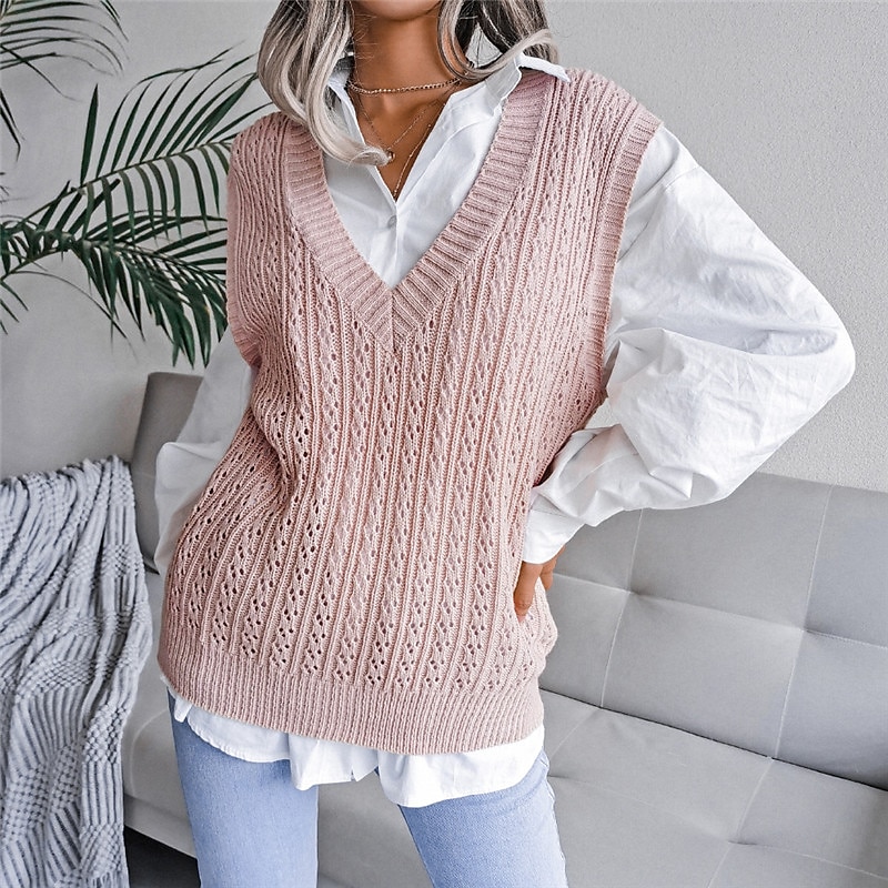Women's Sweater Vest V Neck Cable Knit Acrylic Knitted Fall Winter Outdoor Daily Holiday Stylish Casual Soft Sleeveless Pure Color Pink Beige S M L 2023 - US $21.99 –P1