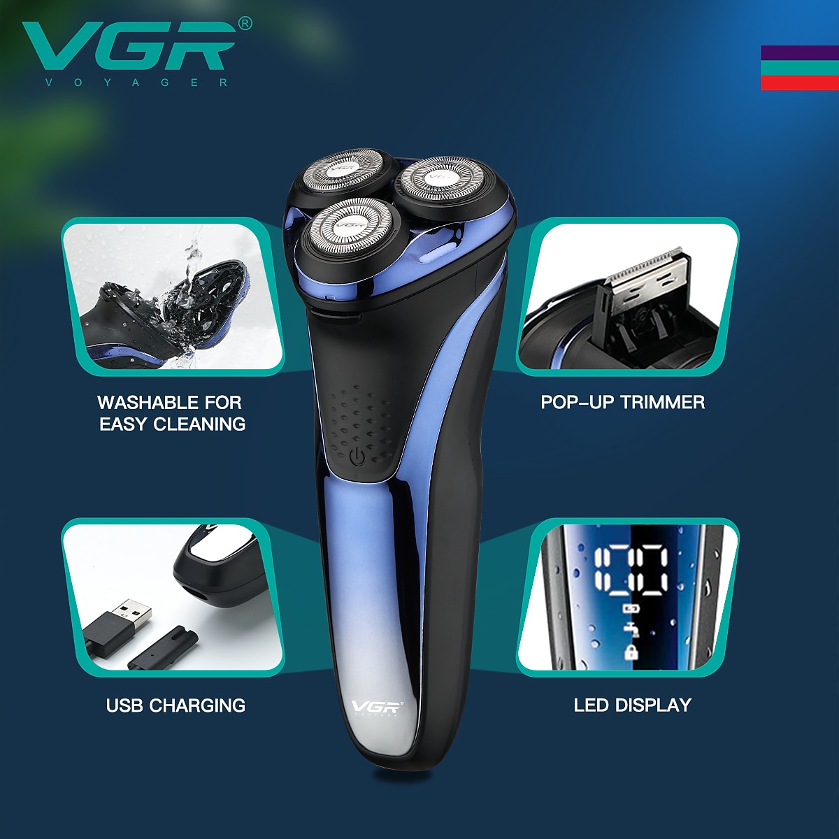 VGR Electric Razor for Men USB Rechargeable 3D Rotary Men's Shaver Pop-up Beard Trimmer Grooming Kit IPX7-Waterproof Corded & Cordless Wet Dry Beard Shavers LED Display 2025 - $47.99 –P4