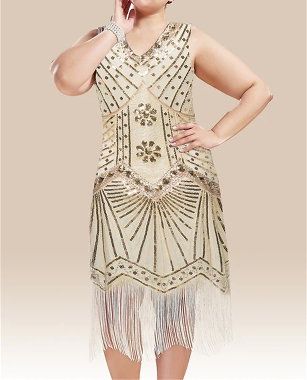 Anni Ruggenti Anni 1920 Midi Vestito Abito Flapper Abito da Ballo Taglie Forti Normale Senza maniche Il grande Gatsby Charleston Invitato al matrimonio Paillettes Scollo a V Costume Per donna del 2026 a $44.99 –P7