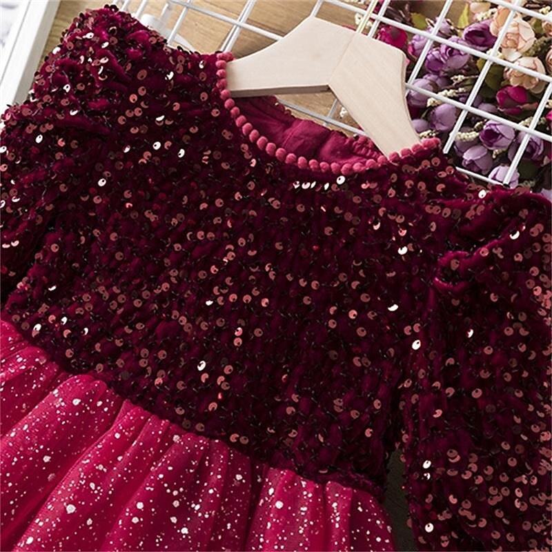 Batole Dívčí Šaty na párty Pevná barva Dlouhý rukáv Výkon Flitry Síťka Roztomilý Princeznovské Polyester Délka ke kolenům Tylové šaty Léto Jaro 3-7 let Rubínově červená Šedá 2025 - $43.99 –P3