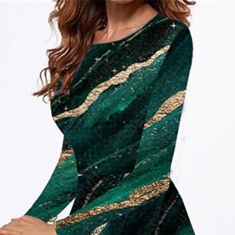 Dames Midi Jurk Casual Jurk Winter Jurk Swing Jurk Mode Bescheiden Formeel Buiten Feest Regulere Pasvorm Kleur Gradiënt Marmer Lange Mouw Crew Neck Groene Lente Herfst Winter 2025 - $36.99 –P3