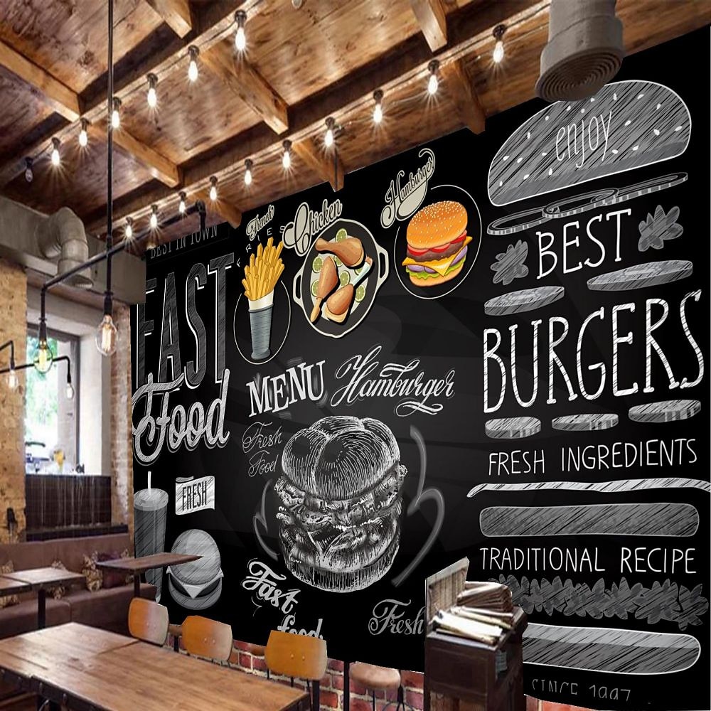 fototapeta samolepka na zeď vlastní samolepící jídelní ilustrace burger smažené kuře pvc / vinyl vhodný do obývacího pokoje ložnice restaurace hotel dekorace na zeď umění domácí dekorace 2025 - $43.99 –P6