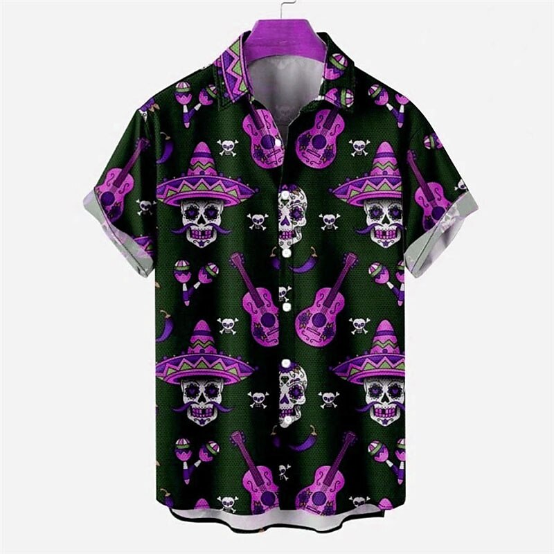 Hombre Cráneos Camisa Mangas cortas Moda Design Casual Exterior Víspera de Todos los Santos Calle Verano Primavera Cuello Vuelto Estampado Abotonar Azul Marino Azul Piscina Morado Verde Trébol 2025 - $24.99 –P2