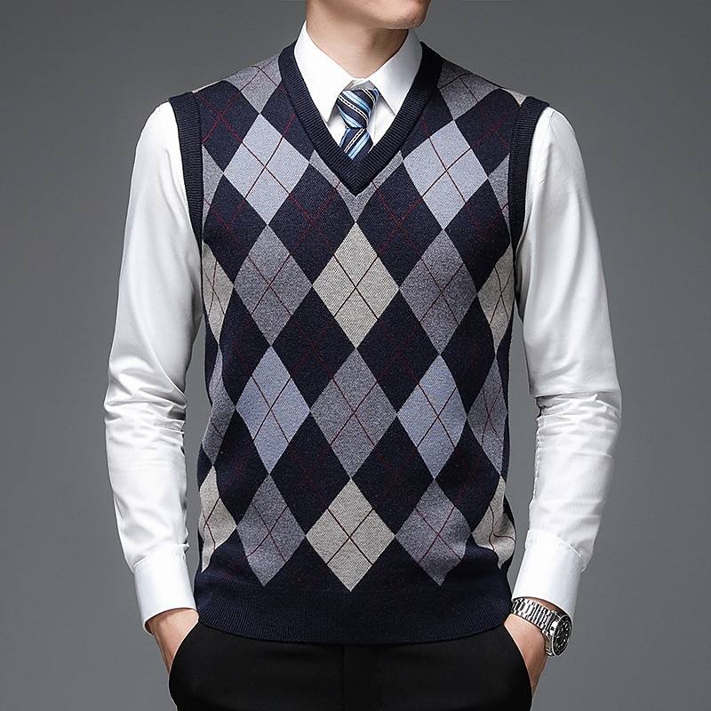 Voor heren Trui Trui vest Herenkleding Truien Stoppen Geribd breien Gebreid Kleurenblok V-hals Modern eigentijds Vrije tijd Werk Alledaagse kleding Kleding Mouwloos Winter Lente & Herfst Kameel Wijn 2025 - $36.99 –P3