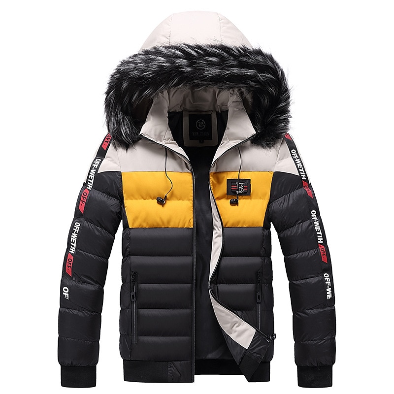 Herren puffer jacket Steppjacke übergangsjacke Strickjacke Winterjacke Pelzkragen Zip Tasche Urlaub Ausgehen Casual Warm Draussen Bequem Winter Buchstabe Schwarz matt Schwarz Gelb Rote Pufferjacke 2025 - $67.99 –P2
