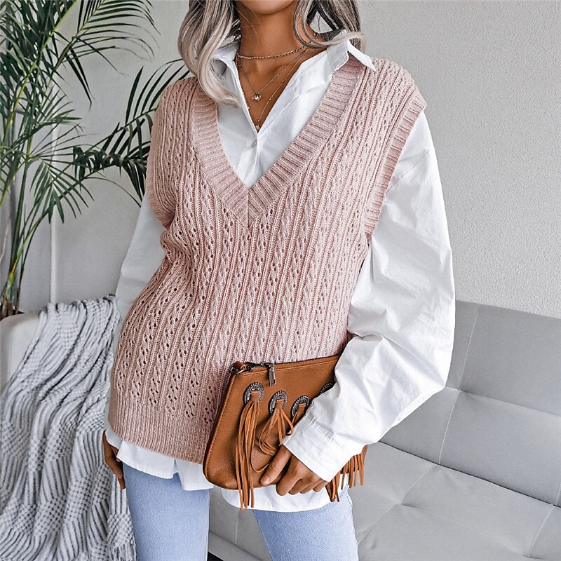 Women's Sweater Vest V Neck Cable Knit Acrylic Knitted Fall Winter Outdoor Daily Holiday Stylish Casual Soft Sleeveless Pure Color Pink Beige S M L 2023 - US $21.99 –P4