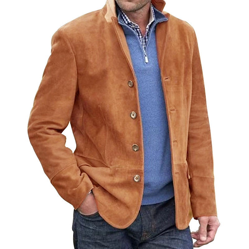 Men's Jacket Blazer Windproof Warm Street Daily Holiday Single Breasted Turndown Streetwear Casual Smart Casual Jacket Outerwear Solid Color Pocket Retro Brown 2025 - $57.99 –P2