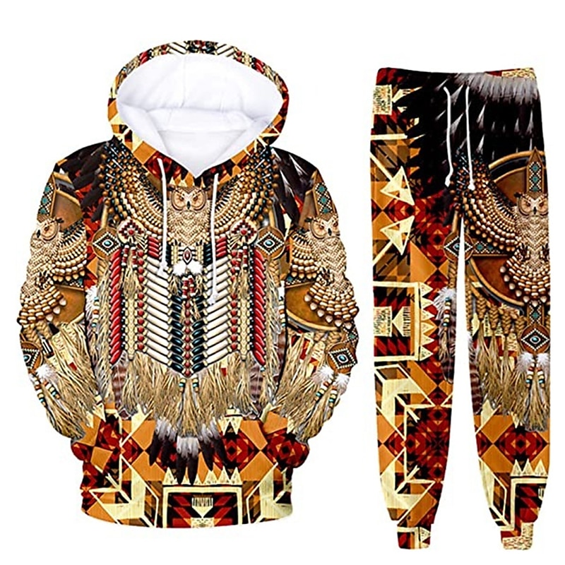 Men's Graphic Wolf Bohemian Style 2pcs 3D Sweatshirt Sets Hoodies Long Sleeve Long pants Hooded Streetwear Designer Basic Sports & Outdoor Casual Sports Print Spring Fall Blue Orange Brown 2025 - $38.99 –P3